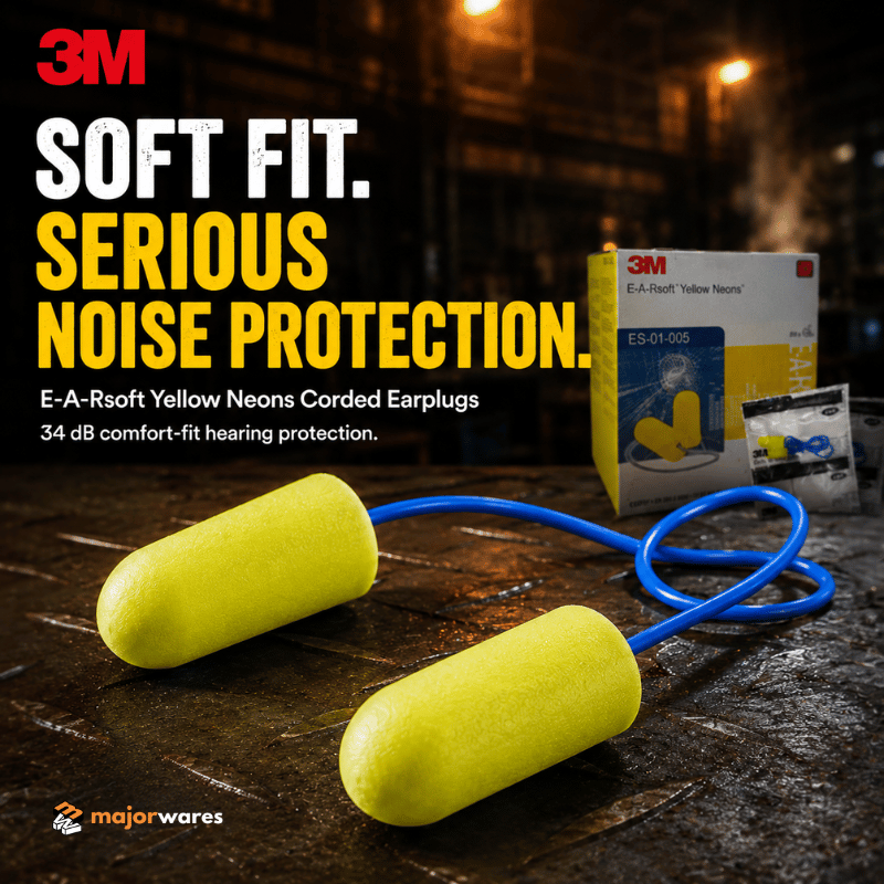3M E-A-Rsoft Yellow Neons Corded Earplugs | 34dB SNR Noise Reduction | Soft Foam Safety Ear Plug