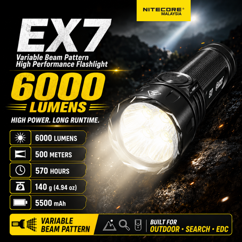 NITECORE EX7 6000 Lumens Flashlight | 500m Long Throw | High Performance Outdoor Torch Light