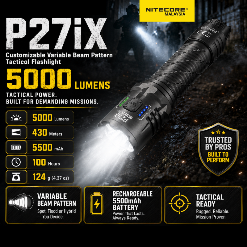 NITECORE P27iX Tactical Flashlight 5000 Lumens | 430m Beam | 5500mAh Battery | 100h Runtime | Rechargeable Torch